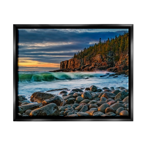 Stupell Rolling Waves Beach Rocks Coast Landscape Photography Black Floater Framed Art Print Wall Art