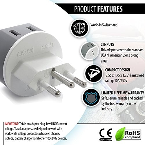 Adaptador de enchufe de alimentación Suiza de OREI con 2 entradas de E