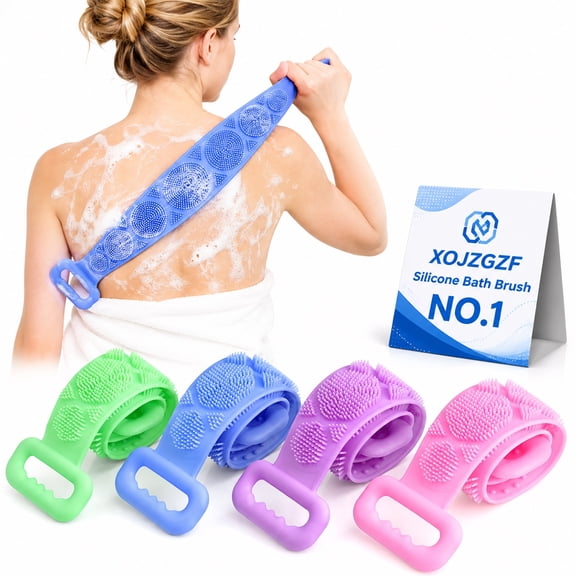 Silicone Bath Brush Double-Sided Exfoliating Back Scrubber with Straps Cleansing Long Body Scrub, Soft Back-Scrubber Belt, 360° Anti-Slip for Shower, Scrubbing Travel Size Rubbing Tool