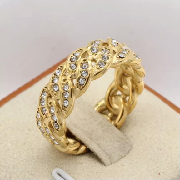 QQTDFG Men Cuban Link Ring Wedding Band Iced Out Gold Plated Punk Cubic Zirconia Gift-Gold-12