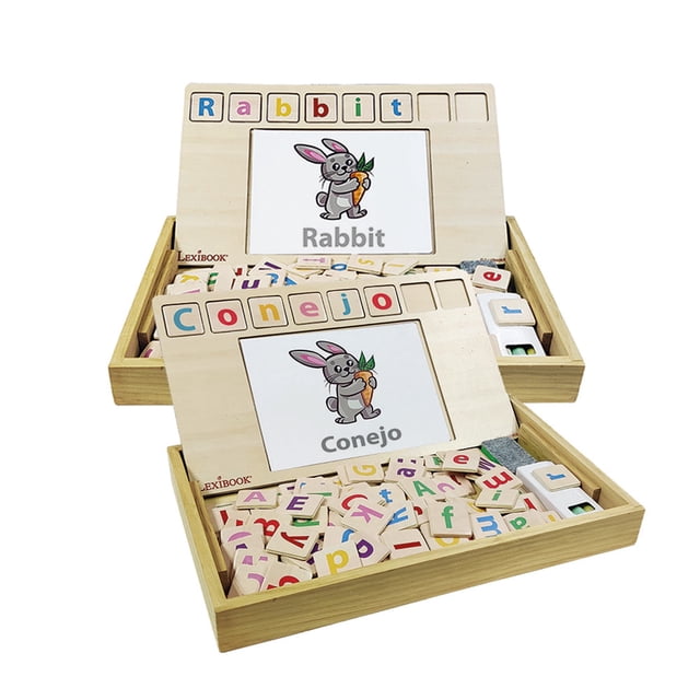 Lexibook Bio Toys Escuela de Palabras Bilingüe Españolinglés Juego de Madera 50 Tarjetas con Palabras Alfabeto Juego Educativo EDU100i2