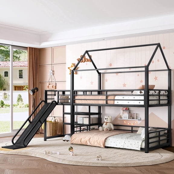 Twin Metal House Bunk Bed with Storage Stairs, Slide and Full Safety Guardrails, Heavy Duty Metal Frame Playhouse Bunk Bed,Black