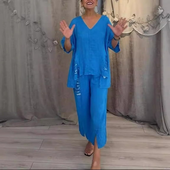 Pyhlmscde Women's 2 Piece Cotton Linen Casual Set, Long Sleeve Lounge Sets for Women, Lounge Sets for Women, 2 Piece Sets for Women