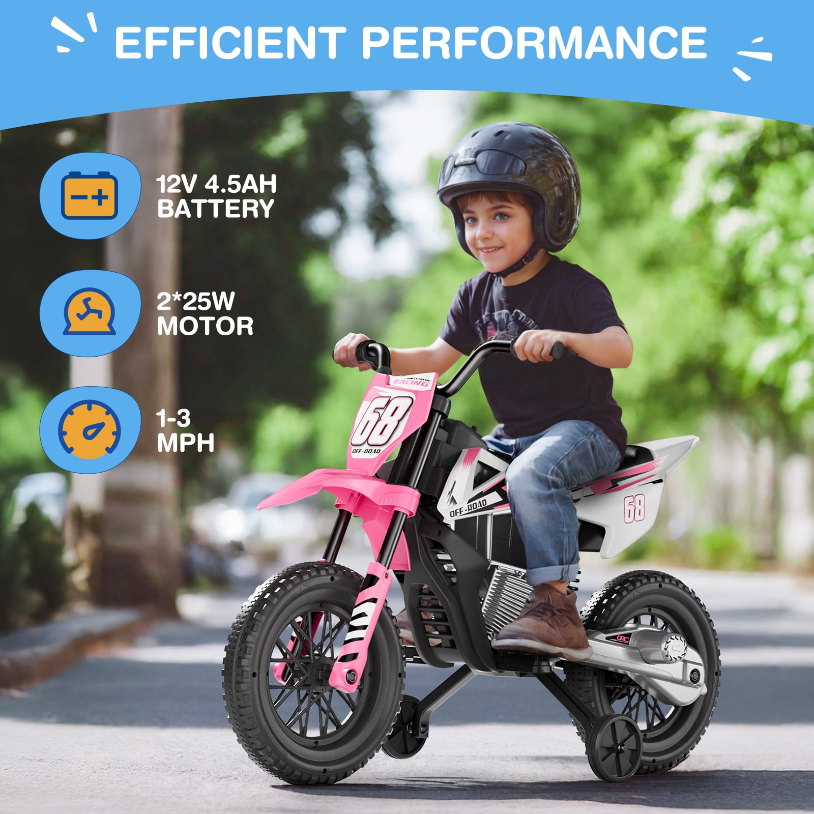 LIGIANT Kids Ride-On Motorcycle 12V Training Wheels Bluetooth Pink