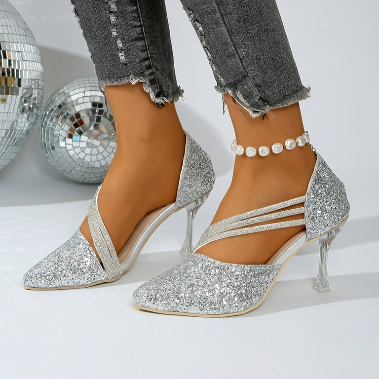 Silver Women'S High Heels Wedding Dress Shoes With Rhinestone Two-Way Wear Summer Fall Comfortable Walking Pu Upper - Walmart.com Silver Women'S High Heels Wedding Dress Shoes With Rhinestone Two-Way Wear Summer Fall Comfortable Walking Pu Upper - Walmart.com
