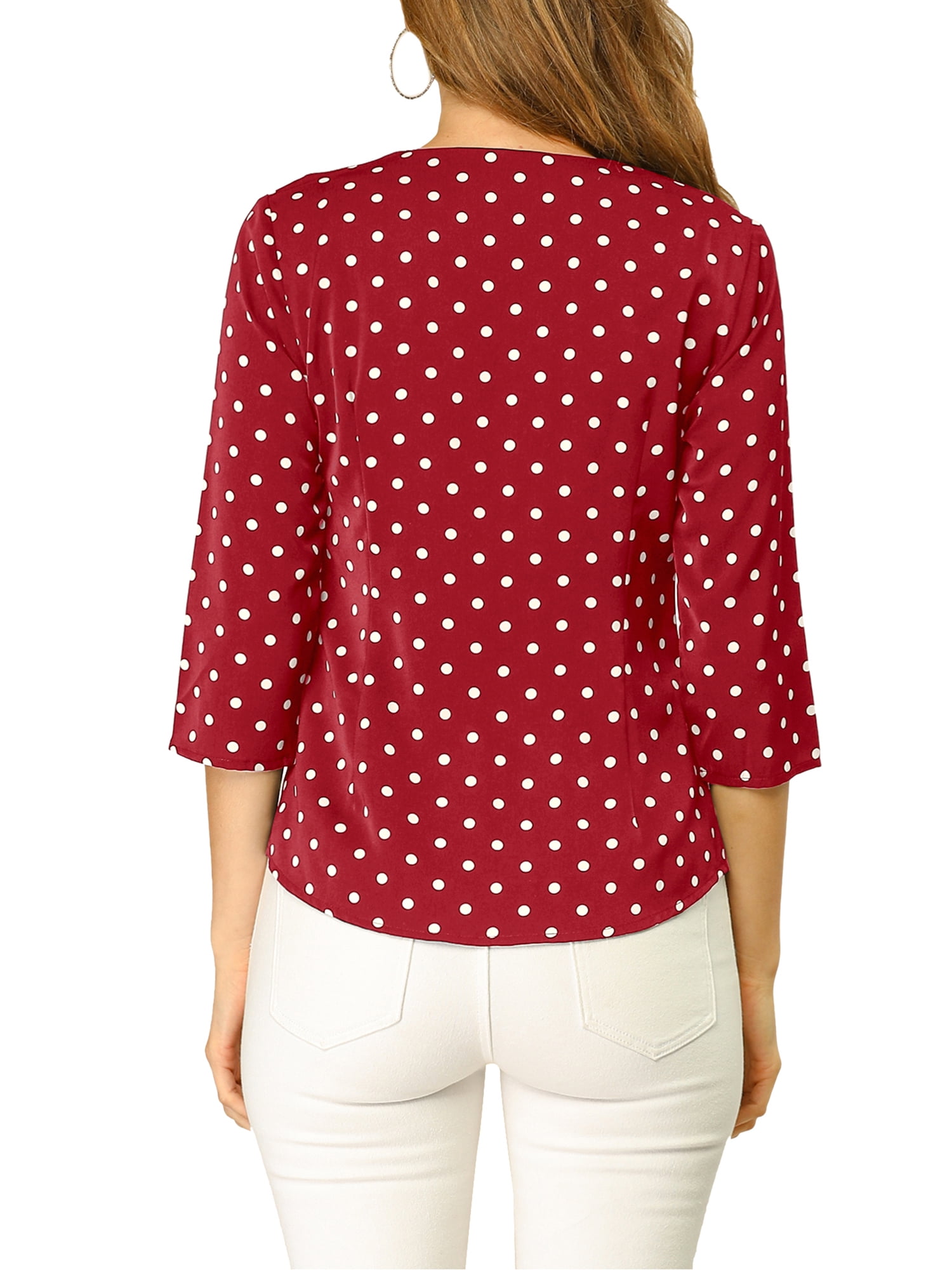 DARING DIVA Women's V Neck Polka Dots 3/4 Sleeve Casual Button Blouse S Red