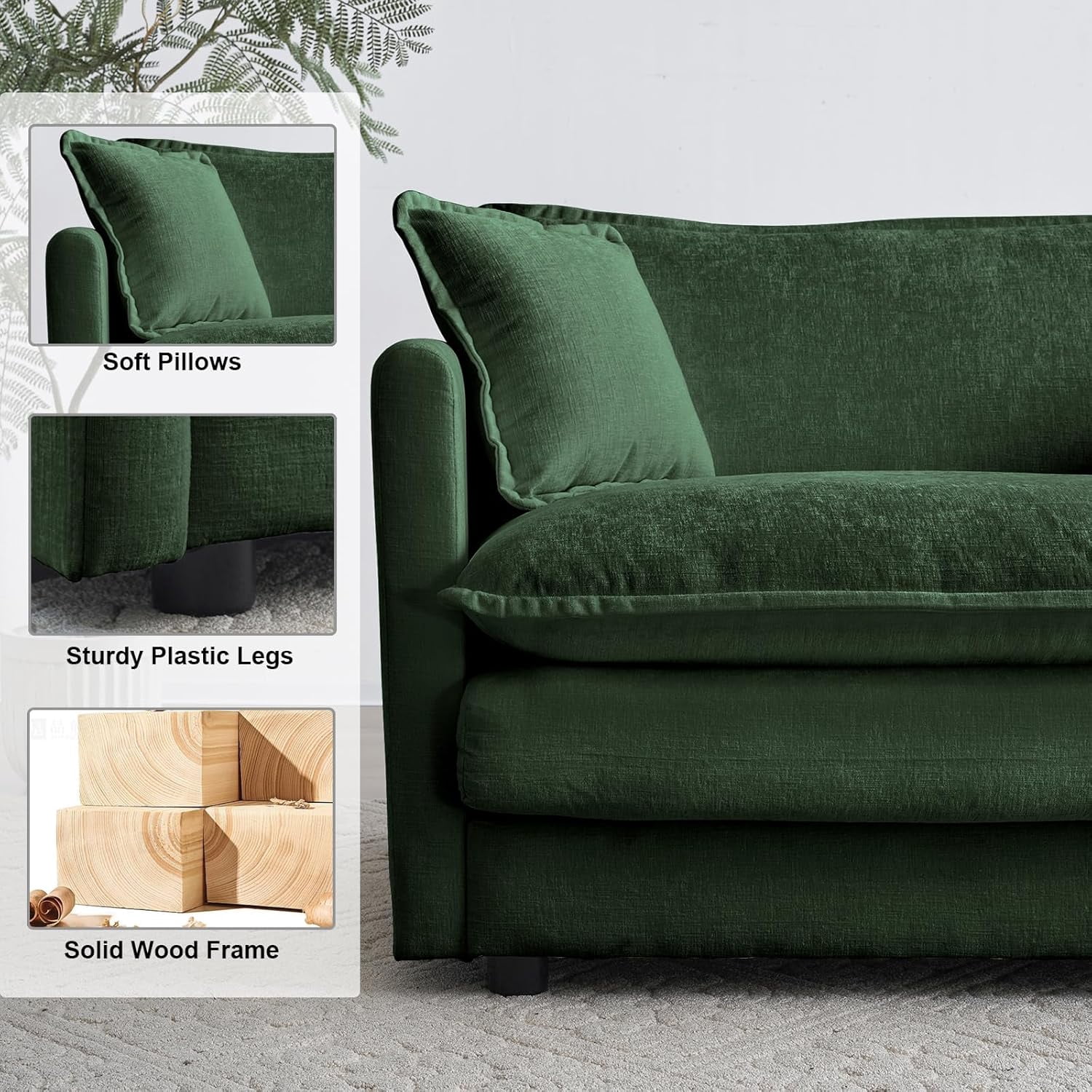 VEPXXP 75.9" Chenille Modular Loveseat, Deep Seat 2-Seater Couch with 4 Throw Pillows, Modern Cloud Sofa for Living Room Apartment Small Space, Green