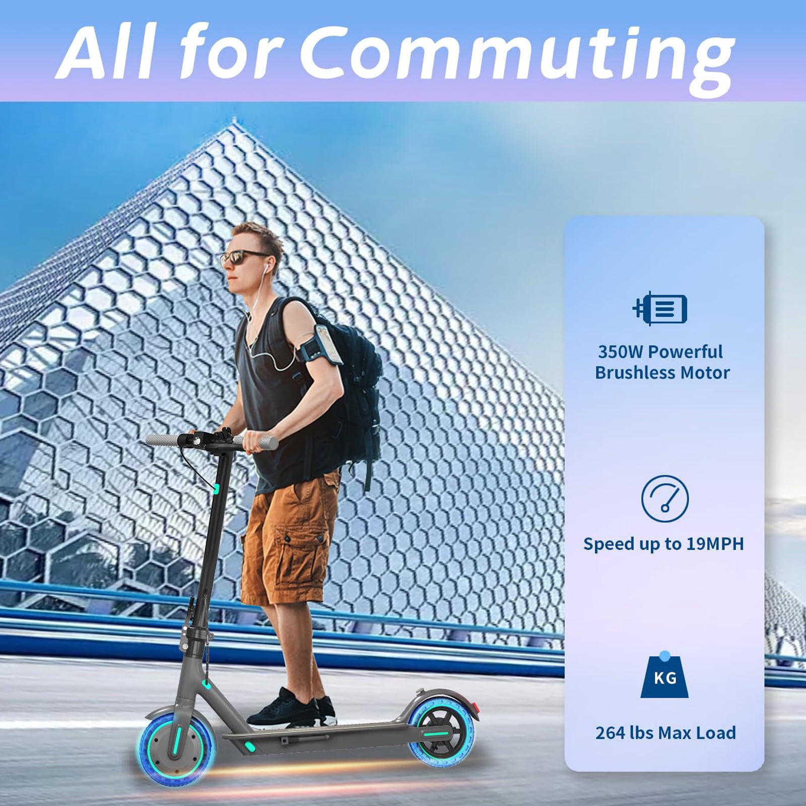 HiQiS Electric Scooter for Adult Teens, 350W Motor & Top 19 MPH, 15 Miles Long Range, 8.5" Solid Tires Lightweight E-Scooter for Commuter Blue