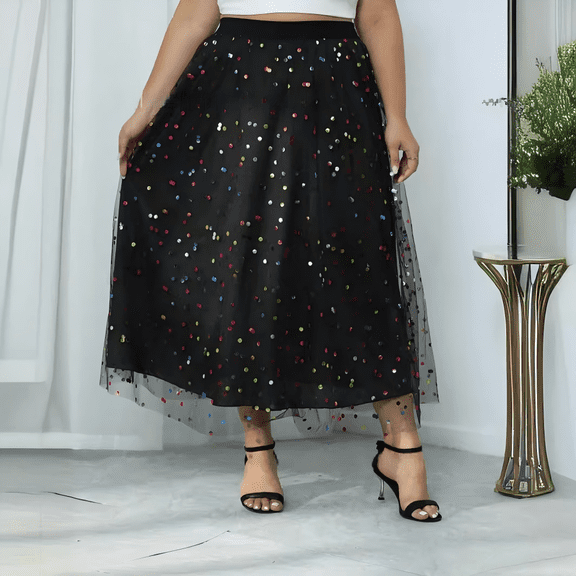 Women’s Black Multicolor Sequin Polka Dot Tulle Midi Skirt High Waist Layered A Line Party Skirt with Elastic Waistband