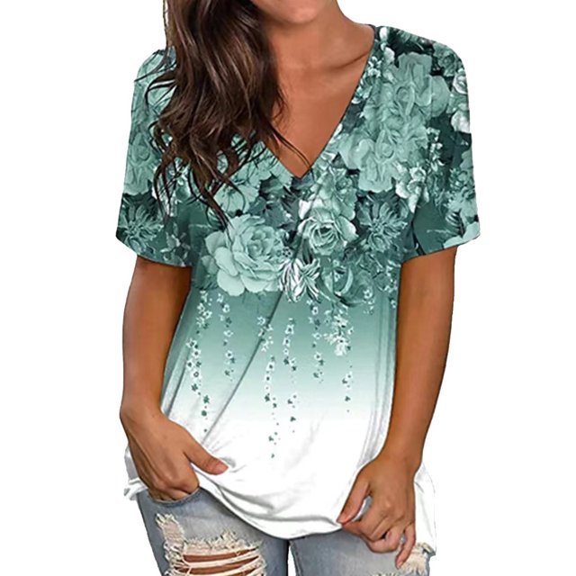 Top de mujer con estampado floral y cuello en V profundo Blusa de manga corta Blusa holgada informal de verano Verde L