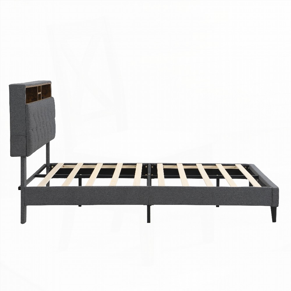 Dark Grey Queen-Size Upholstered Platform Bed Frame Having a Button-Tufted Linen Fabric Headboard, Two Storage Compartments & Built-in Charging Station (No Box Spring)
