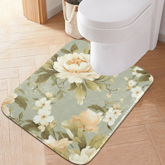 Toilet Rug U-Shaped Bathroom Rugs Non-Slip Soft Plush Machine Washable Contour Bath Mat Elegance Peony Flower 24x20