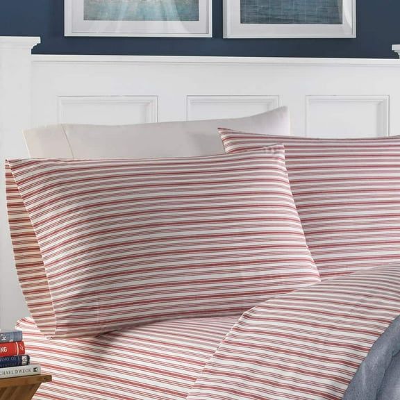 Coleridge Stripe 4-Piece Red 200-Thread Count Cotton Queen Sheet Set