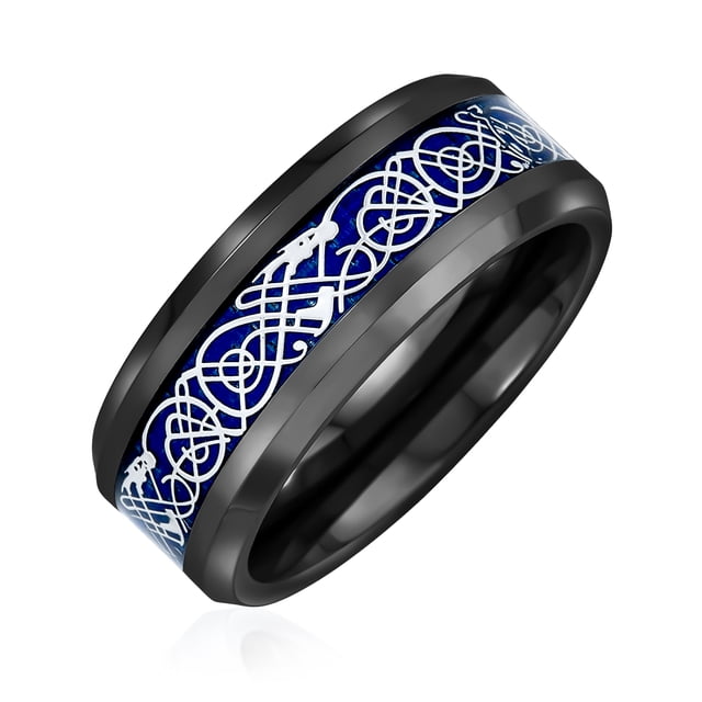 Dark Blue Black Two Tone Celtic Knot Dragon Inlay Couples Titanium Wedding Band Rings for Men for Women 8MM