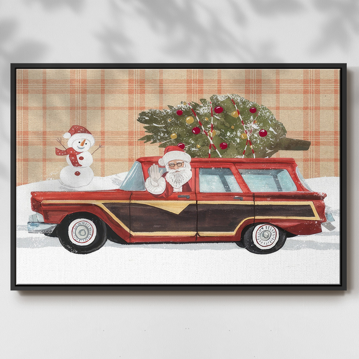 Santa on Wheels I - Framed Gallery Wrapped Holiday Canvas - 17 x 25 - Black Frame