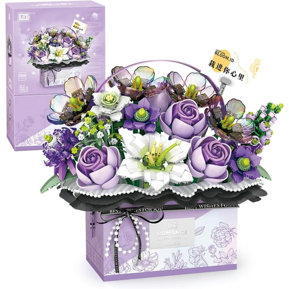 Flower Bouquet Building Blocks Model Set,Simulation Artificial Rose Handheld Gift Box,Bonsai Plant Building Bricks Toys,Home Decor (Mist Purple)