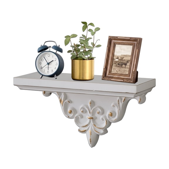 SOFE Vintage Distressed White Wooden Floating Wall Shelf, 14.2 Inch Ornate Hand Carved Display Shelf for Plants Books Entryway Living Room Office Home Decor