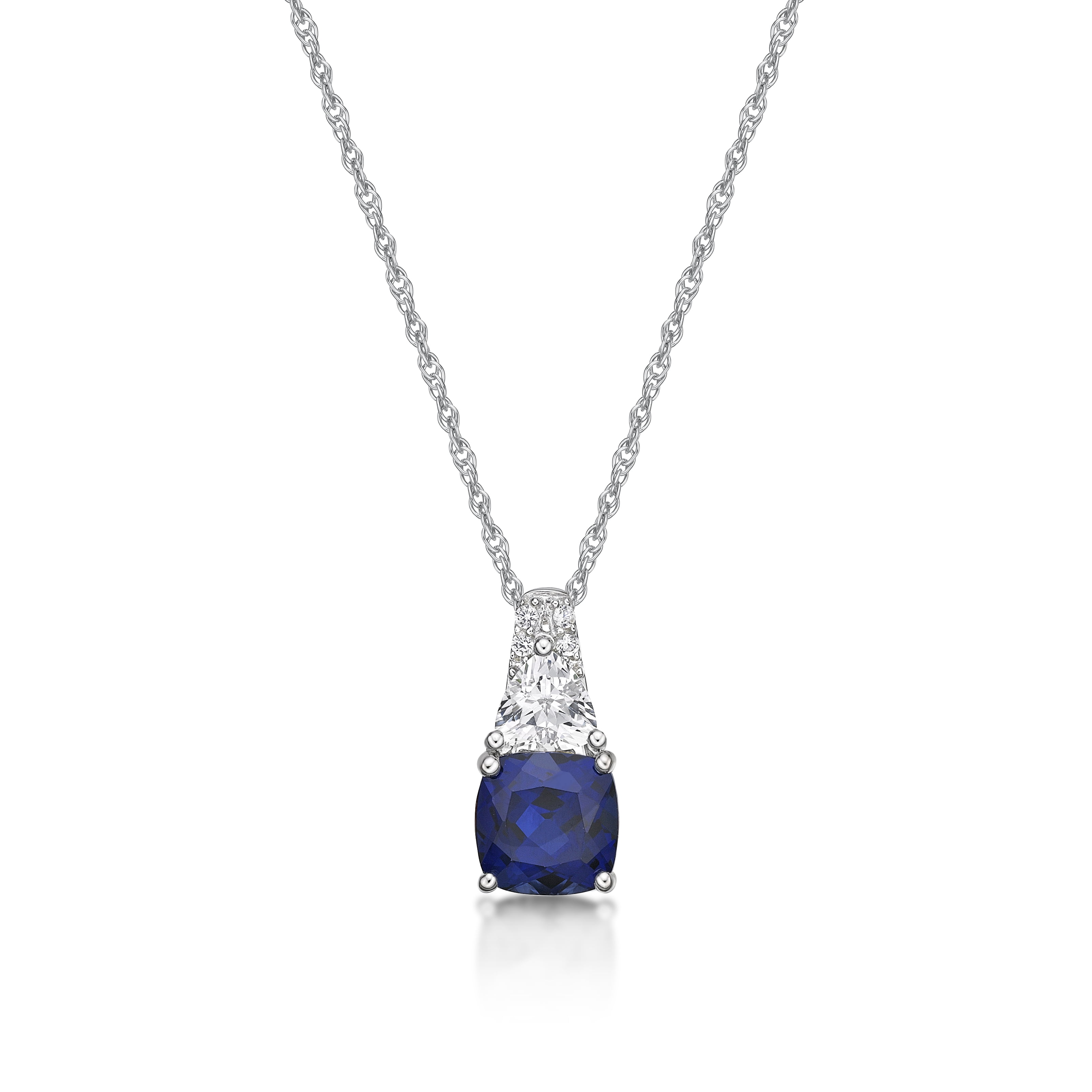 Jay Heart Designs 925 Sterling Silver Created Sapphire and Created White Sapphire Pendant with 18" Chain