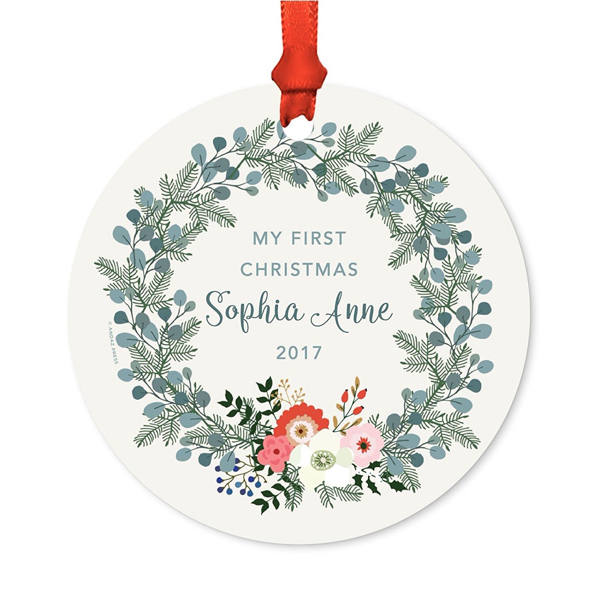 Koyal Wholesale Custom Baby Metal Christmas Ornament, My First Christmas, Sophia Anne 2018, Blue Holiday Wreath, 1-Pac
