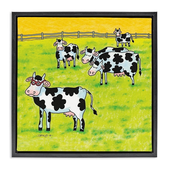 Stupell Industries Funny Cow Herd with Specs Animals Painting Black Floater Framed Canvas Art Print Wall Art, 18 x 18