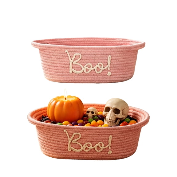 Qocolcyl Halloween Boo Woven Storage Basket, Pink Cotton Rope Organizer Bin, Halloween Decorations, Candy Treat Basket, Indoor Outdoor Living Room Tabletop Holiday Farmhouse Decor Storage Basket