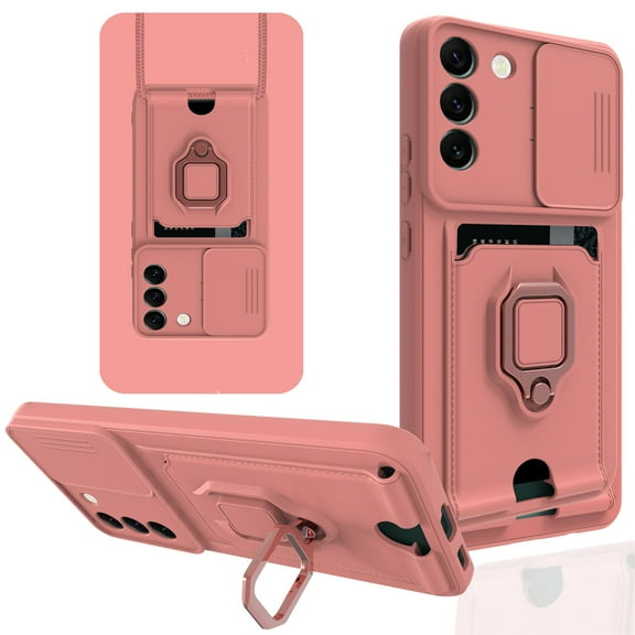 SaniMore For Samsung Galaxy S22 Plus Case with Crossbody Strap & Card Holder Ring Kickstand Liquid Silicone Shockproof Slide Lens Camera Protective Magnetic Case for Galaxy S22 Plus 6.6", Pink
