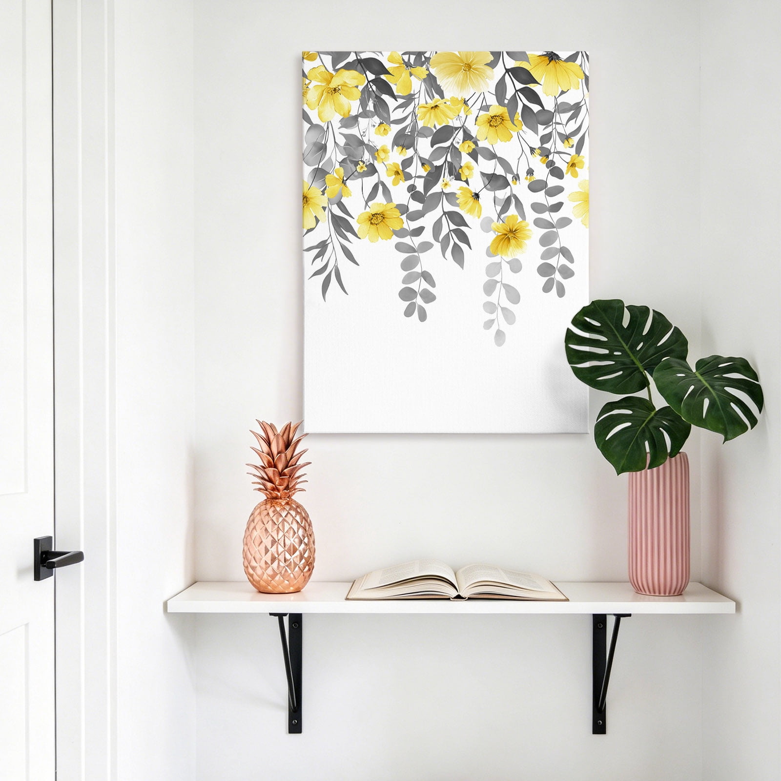Spring Summer Flowers Canvas Wall Art for Living Room, Vintage Watercolor Yellow Floral Grey Leaf Plant Poster Print Painting for Bedroom Office Home Decoration Wall Pictures Prepare To Hang 16"x24"