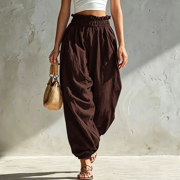 Cagogo Women Plus Size Harem Pants Elastic Waist Flowy Casual Solid Boho Vacation Lounge Trousers Travel Loungewear Outfits, Coffee L