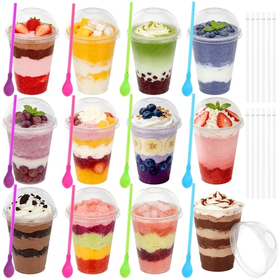 12 Sets Slushy Maker Cup Plastic Cup Slushie Cups with Dome Lids and Straws Reusable 16 oz Plastic Iced Coffee Cups Smoothie Tumbler for Birthdays Summer Party Supplies