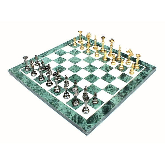 StonKraft 15" X 15" Collectible Green Marble Chess Game Board Set Brass Crafted Pieces