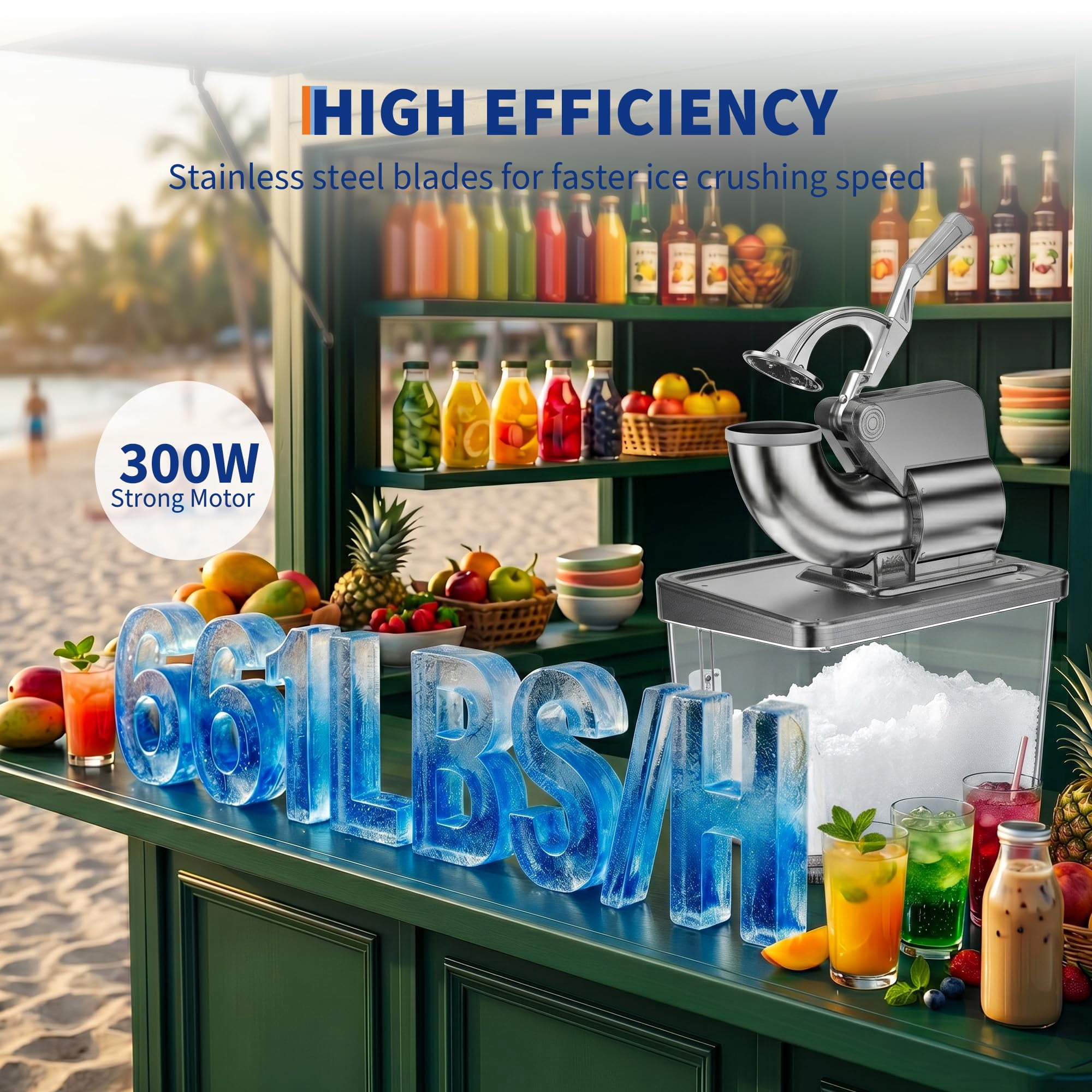 Kicctian 2 Blades Ice Crusher 661LBS/H, 300W Electric Snow Cone Maker Machine, 50L Capacity, 1450RPM, with Safety Switch for Home & Commercial Use, White