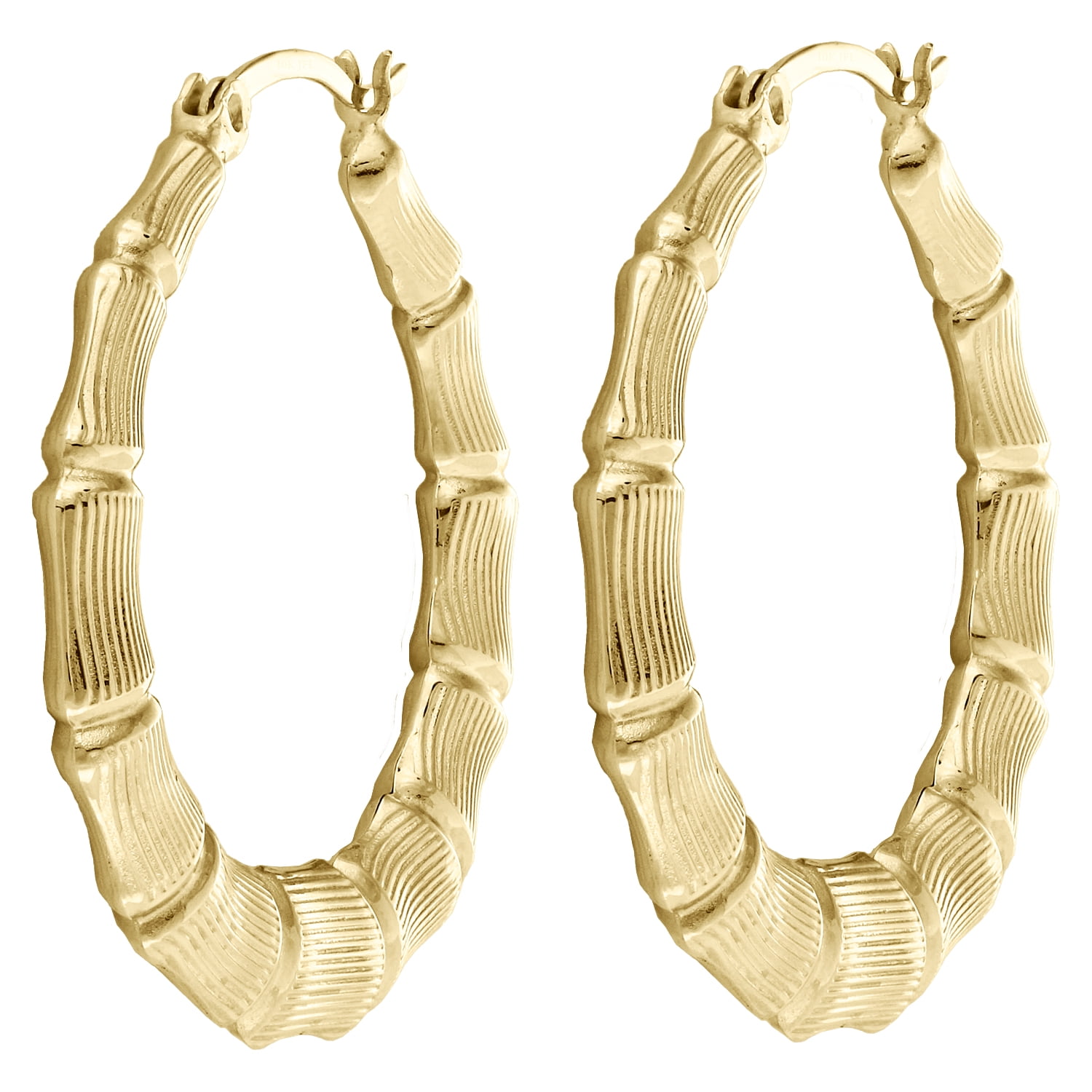 Real 10K Yellow Gold Round 38mm Bamboo Hoop Earrings For Women 1.50