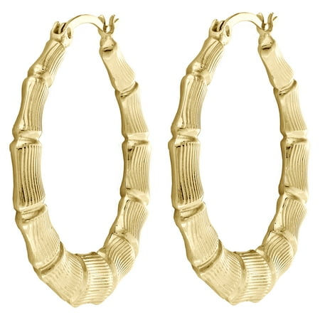 Real 10K Yellow Gold Round 38mm Bamboo Hoop Earrings For Women 1.50"