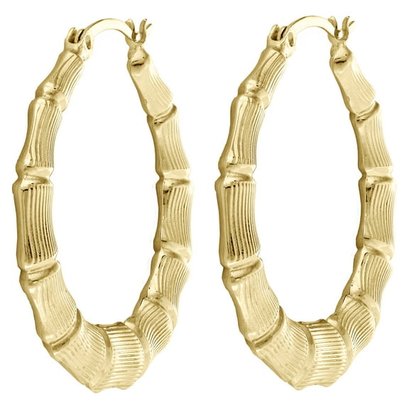 Real 10K Yellow Gold Round 38mm Bamboo Hoop Earrings For Women 1.50"