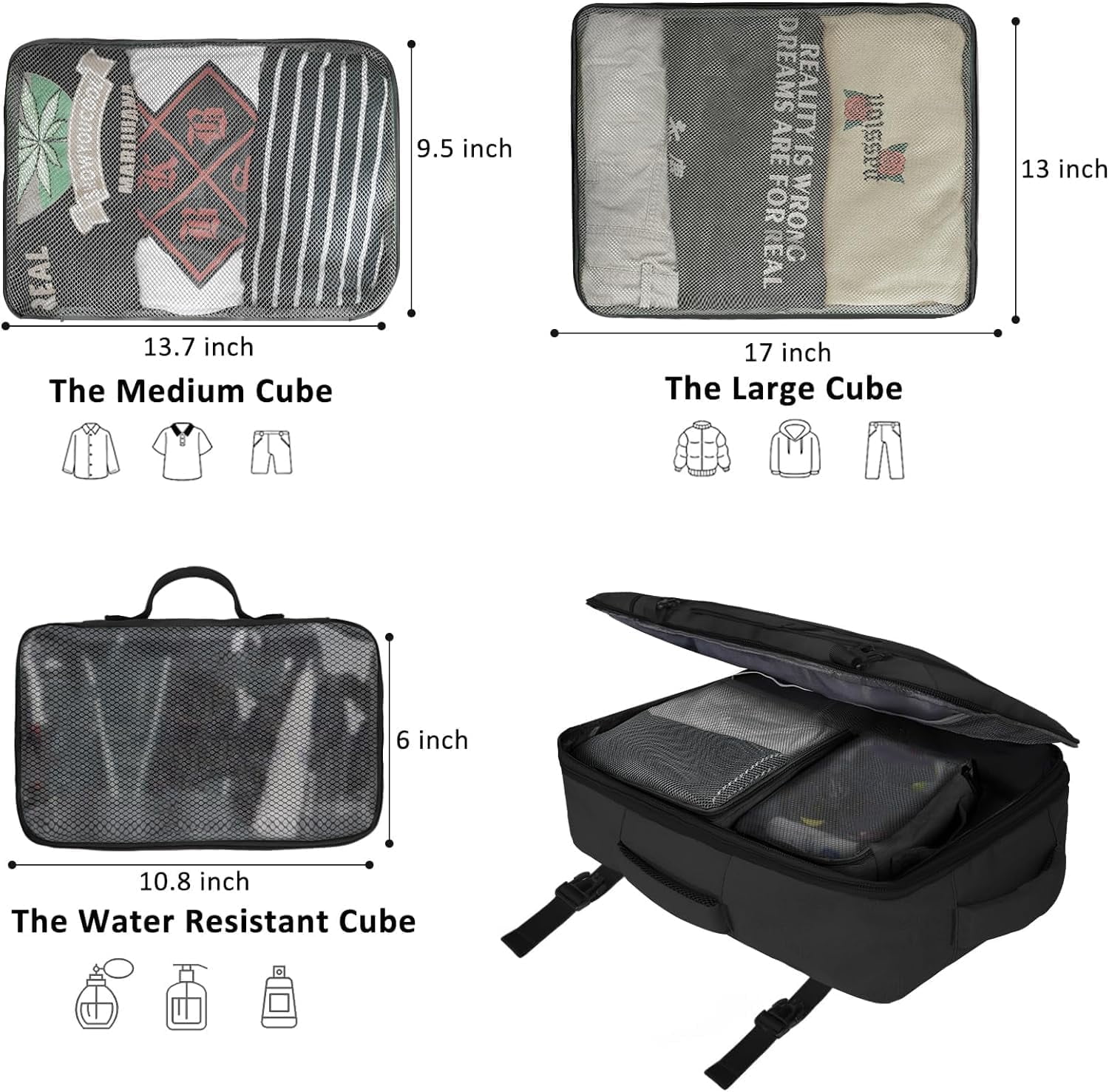 Vancropak Expandable Carry on Backpack for Men Women, 40L Airline Approved Travel Backpacks with 3 Packing Cubes, Black