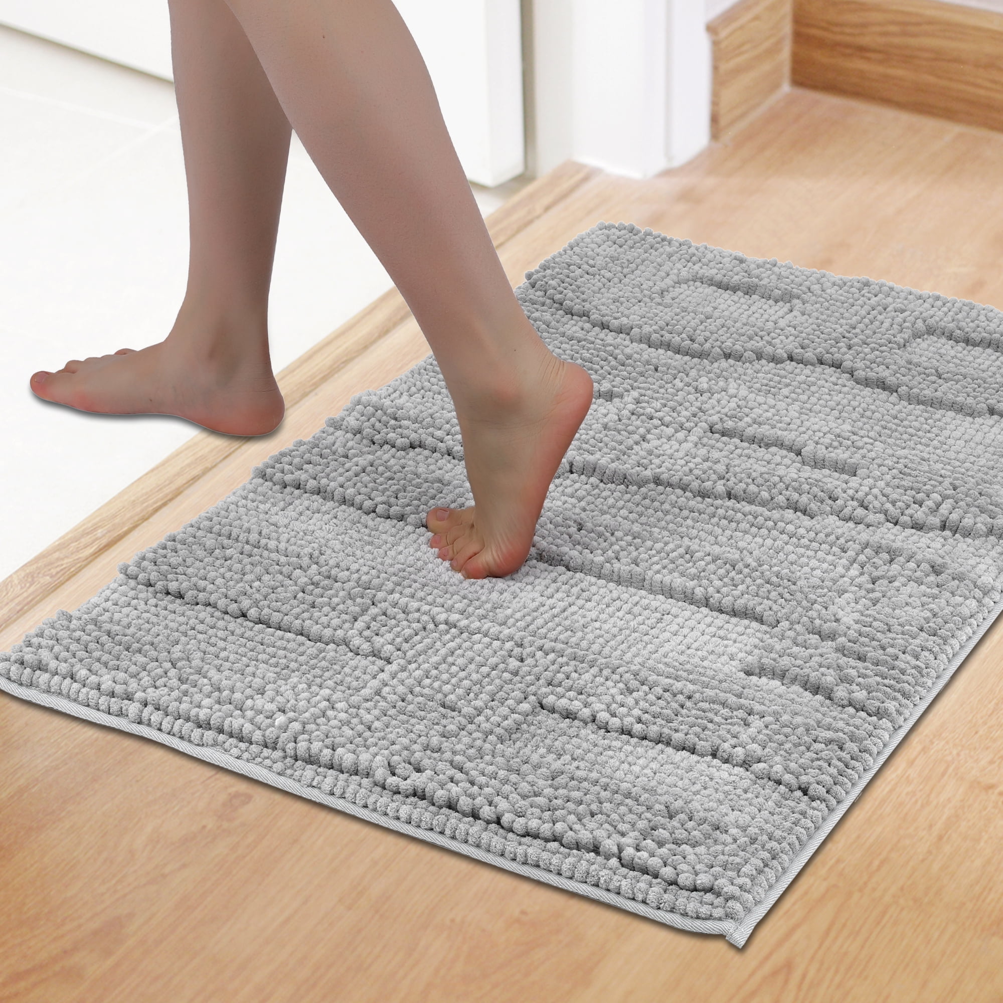 Unique Bargains Bathroom Mat Fluffy Chenille Non Slip Backing Baths Rugs Grey 16" x 24"