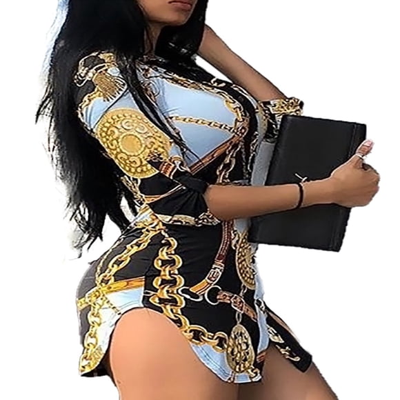 New Style Women‘s Summer Long Blouse Chain Print Stand Collar Shirt Autumn Casual Clothes