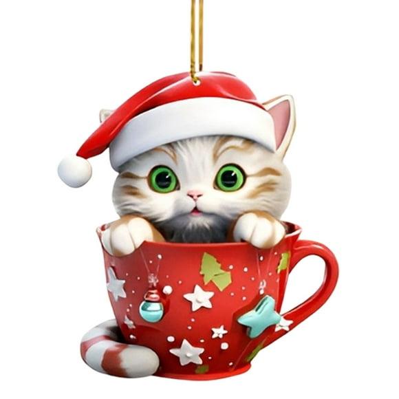 Cute Cat Christmas Ornaments - Acrylic Santa Hat in Teacup Hanging Decor | Festive Car & Xmas Tree Ornaments for Holiday Home Decoration