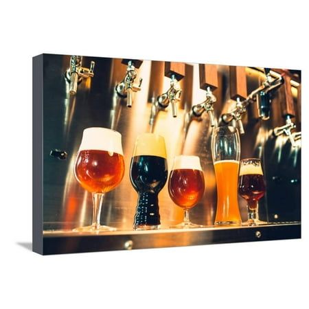 The Beer Taps in A Pub. Nobody. Selective Focus. Alcohol Concept. Vintage Style. Beer Craft. Bar Ta Stretched Canvas Print Wall Art By