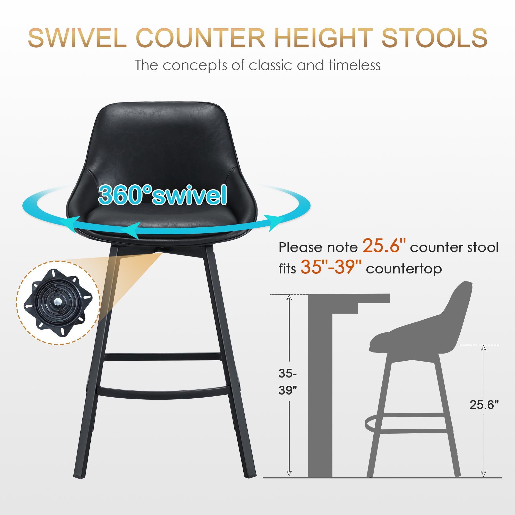 Zesthouse Swivel Bar Stools Set of 3, 25.6″ Faux Leather Counter Height Barstool with Backs, Upholstered Counter Stools, Modern Kitchen Chairs with Metal Legs, Black