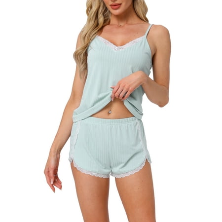 INSPIRE CHIC Womens Pajama Sets Sexy Lingerie Soft Sleepwear 2 Piece Cami Shorts Pj Set V Neck Lace Nightwear XS Green