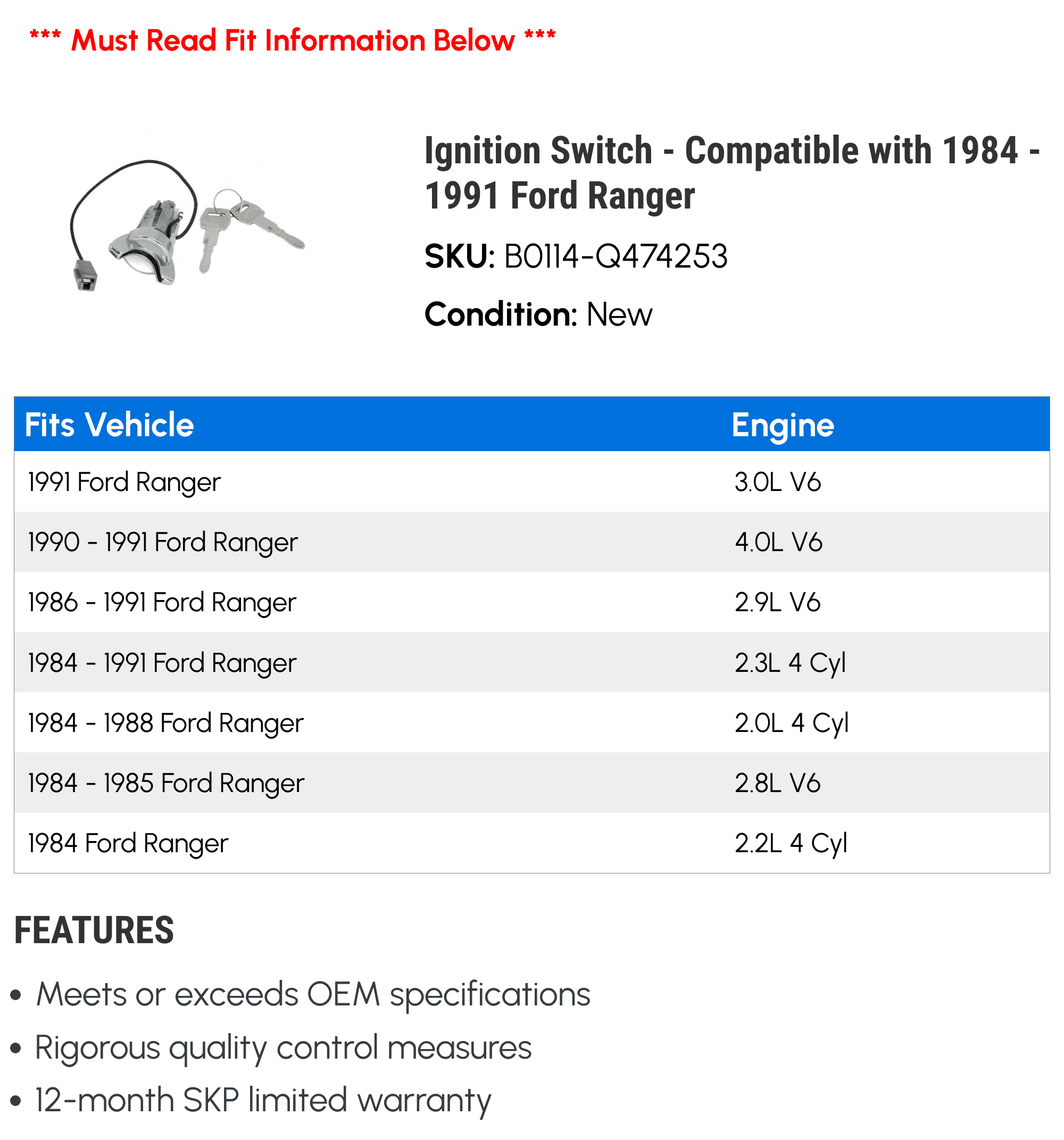 Ignition Switch - Compatible with 1984 - 1991 Ford Ranger 1985 1986 1987 1988 1989 1990