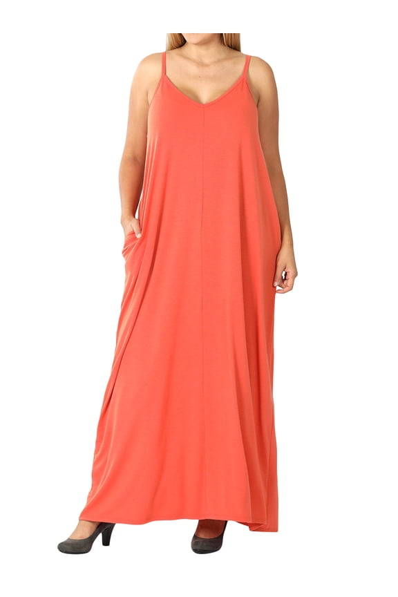 Women V-Neck Draped Jersey Beach Summer Cami Long Maxi Dress with Side Pockets (Ash Copper, 1X)