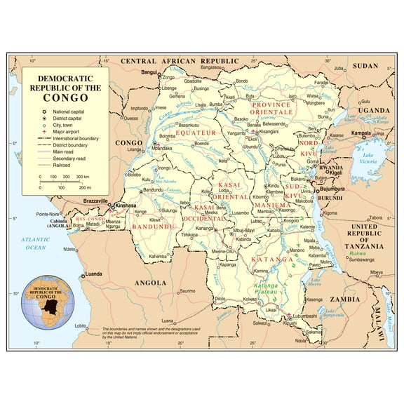 Palmetto Posters 31x24 Laminated Poster: Large political and administrative map of congo democratic republic with roads railroads cities and airports