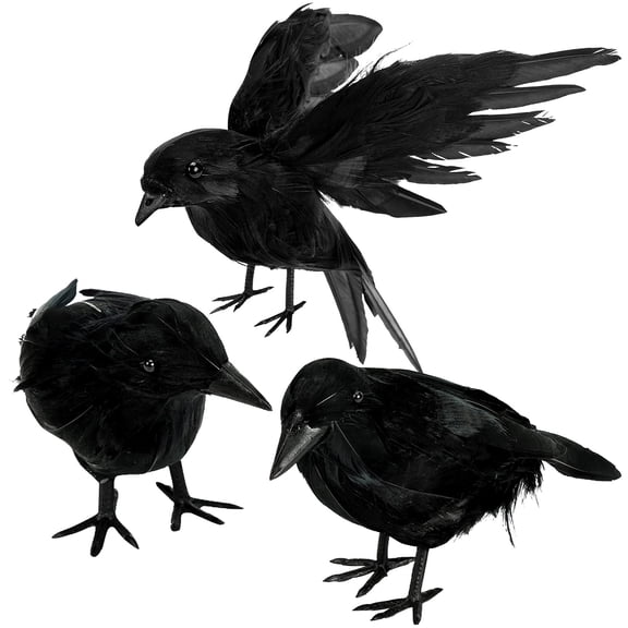 Halloween Black Crow Figurine, Realistic Feathered Raven Bird Model Sculpture for Spooky Tabletop Desk Shelf Party Decoration