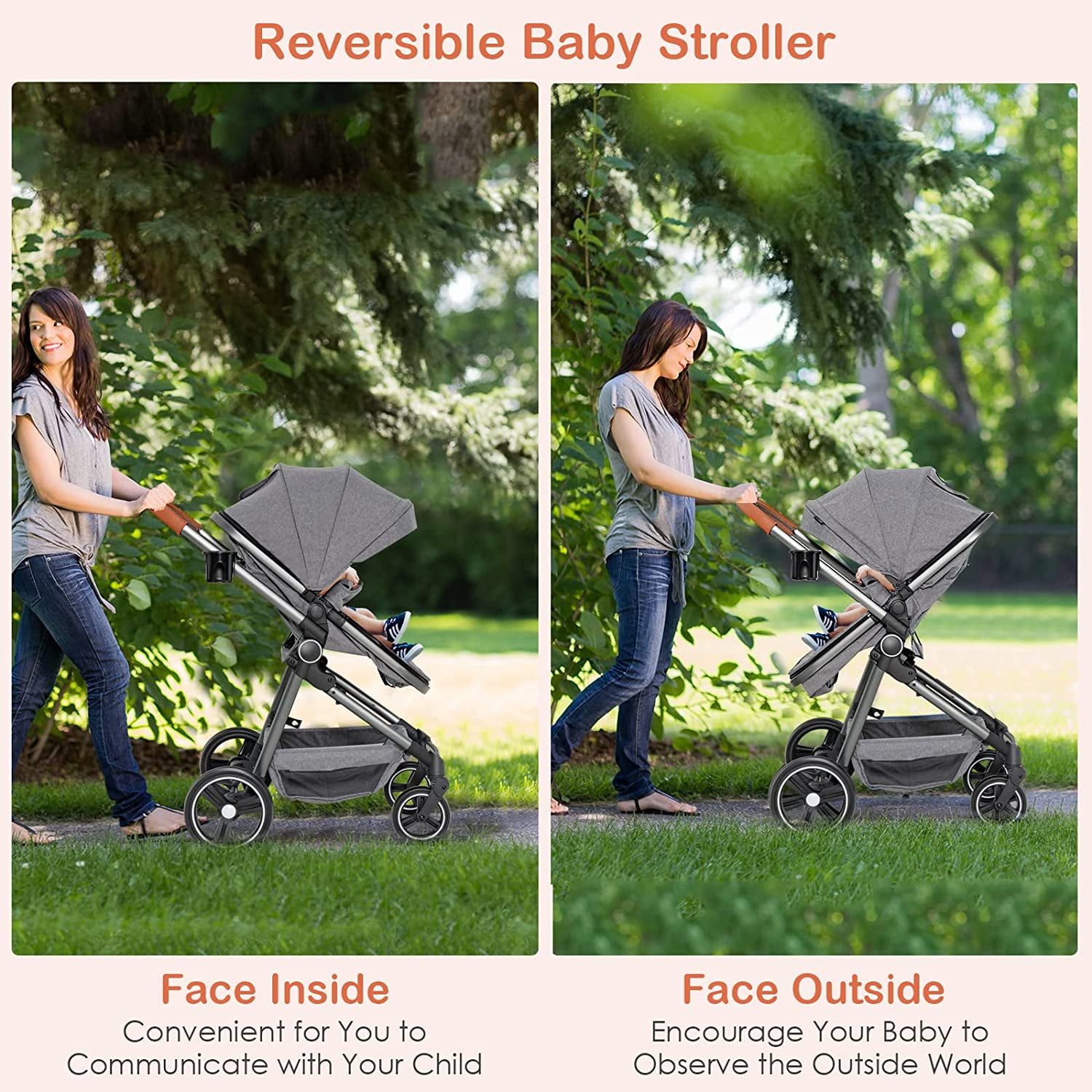 OLAKIDS 2 in 1 High Landscape Convertible Baby Stroller, Newborn Reversible Pram, Foldable Pushchair with Adjustable Canopy, Aluminum Structure, 5-Point Harness for Infant Toddler