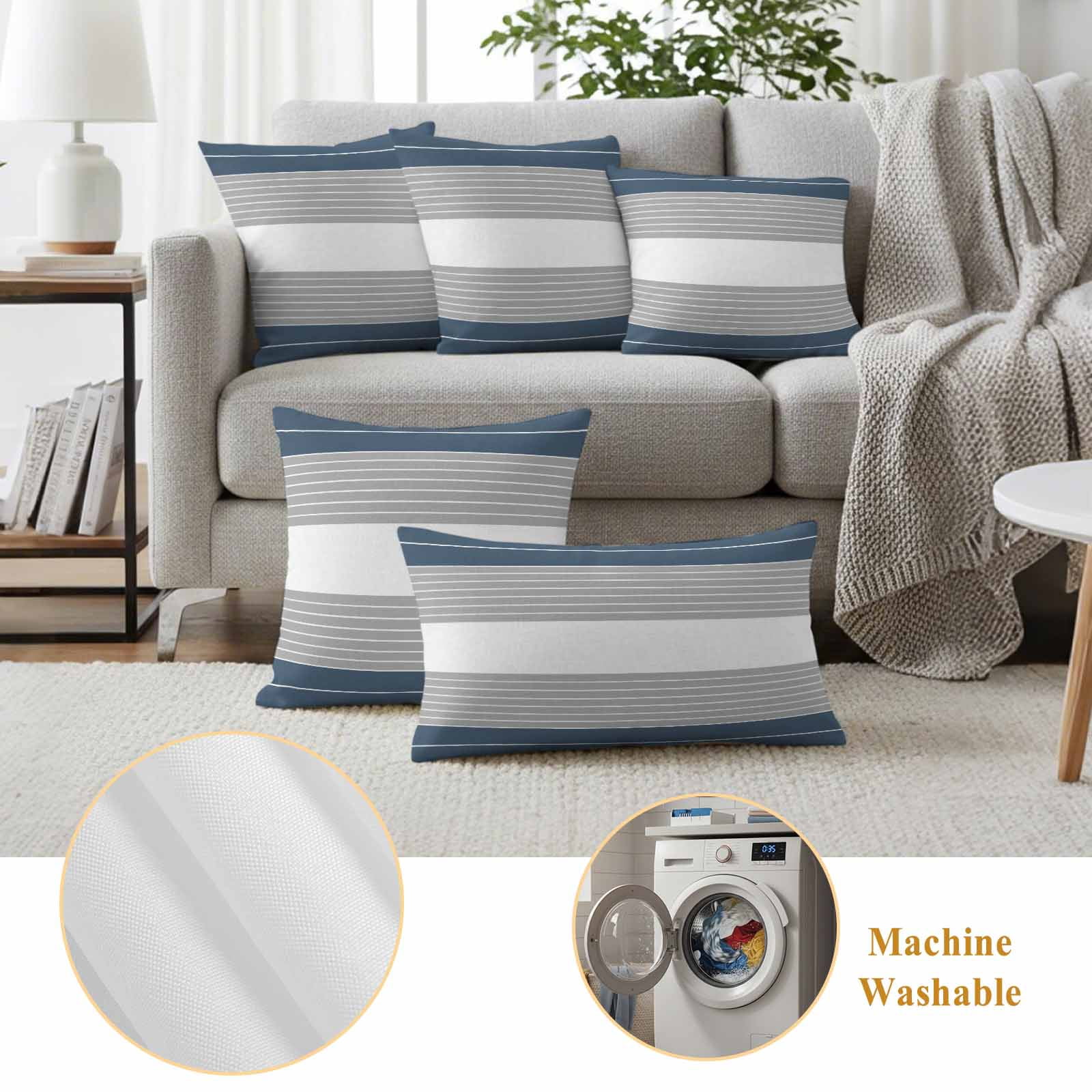 Haze Blue Grey Stripe Outdoor Waterproof Pillow Covers, Modern Art Horizontal Striped Decorative Square Throw Pillowcase Sofa Cushion Sham for Patio/Couch/Chair, 18"x18" 2 Pack