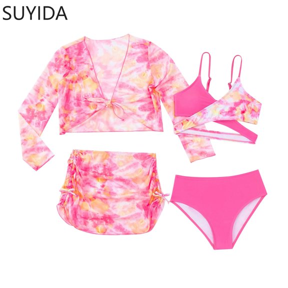 Girls Swimsuits Size 14-16 Rash Guard Bikinis for Tie-Straps Tankini for Girls 3 Piece Tropical Printed Girls Bathing Suits Size 7-8