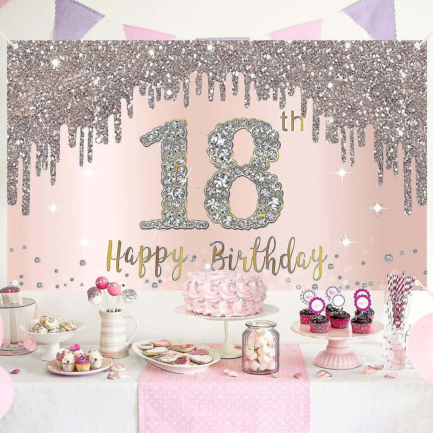 Happy 18th Birthday Banner Backdrop Decorations For Girls, Rose Gold 18  Birthday Party Sign Supplies, Pink 18 Year Old Birthday Poster Background  Phot