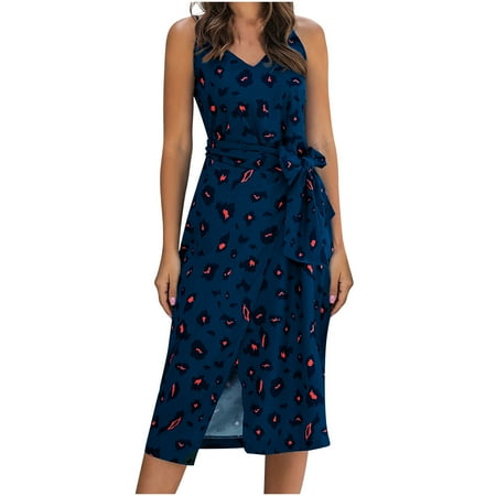 

Bigersell Women s Corset Dress Camis Sleeveless V-Neck Dress Women s Mid-length Suspender Print Slit Women s Suspender Skirt Ladies Floral Party Dress